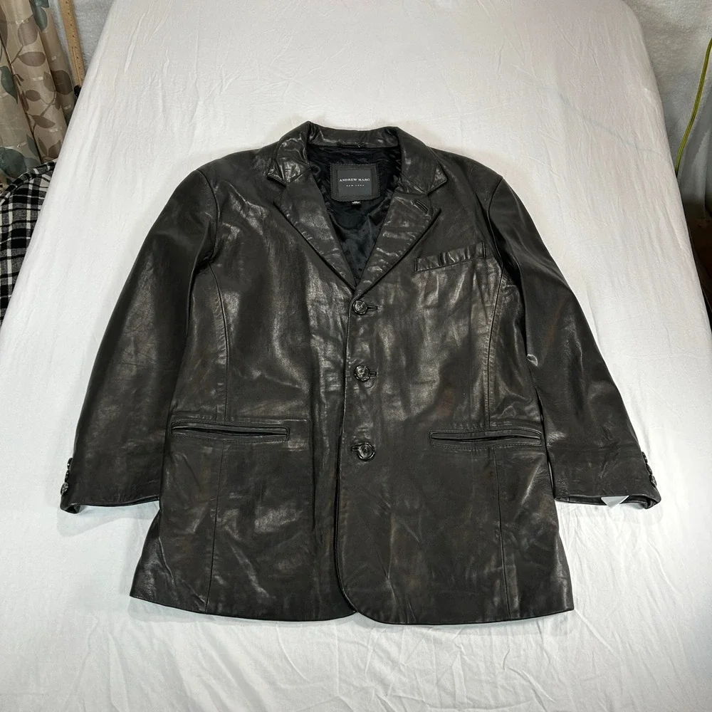 Andrew Marc New York Mens Black Genuine Leather 3 Button Blazer Jacket XL